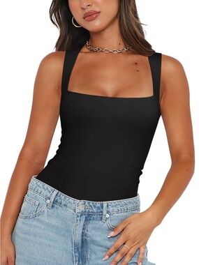 ReoRia Black Square Neck Tank Bodysuit